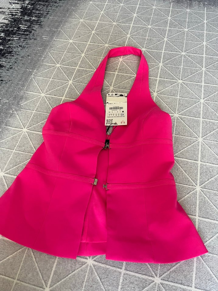 Fermuarlı Mini Pembe Halter Yelek - Görsel 2