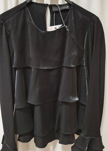 Siyah Deri Fırfırlı Uzun Kollu Bluz - Görsel 3