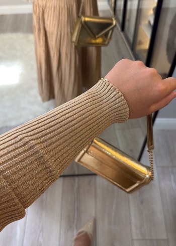 Bej Yüksek Yakalı Triko simli Elbise - Görsel 4