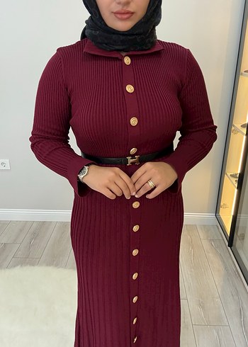 Bordo Düğmeli Uzun Triko Elbise - Görsel 2