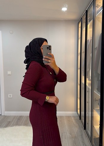 Bordo Düğmeli Uzun Triko Elbise - Görsel 3