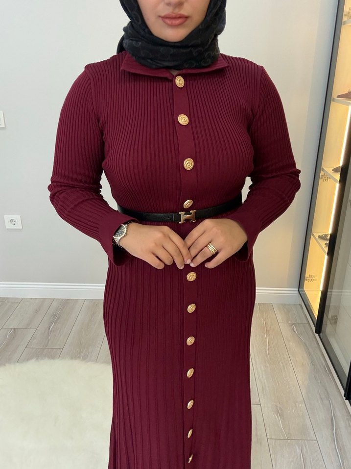 Bordo Düğmeli Uzun Triko Elbise - Görsel 2