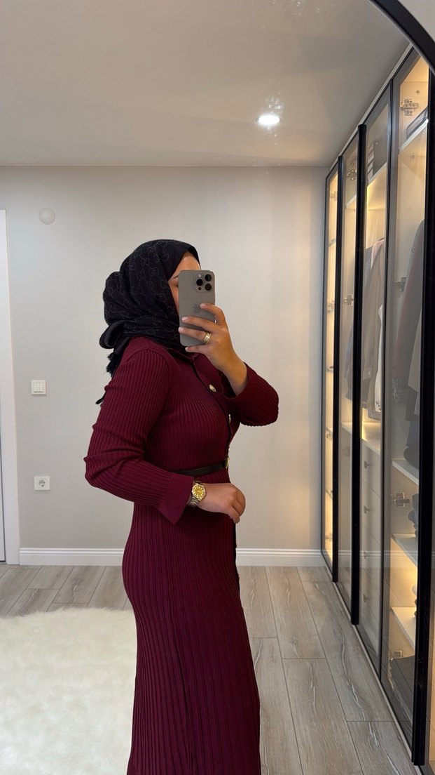 Bordo Düğmeli Uzun Triko Elbise - Görsel 3