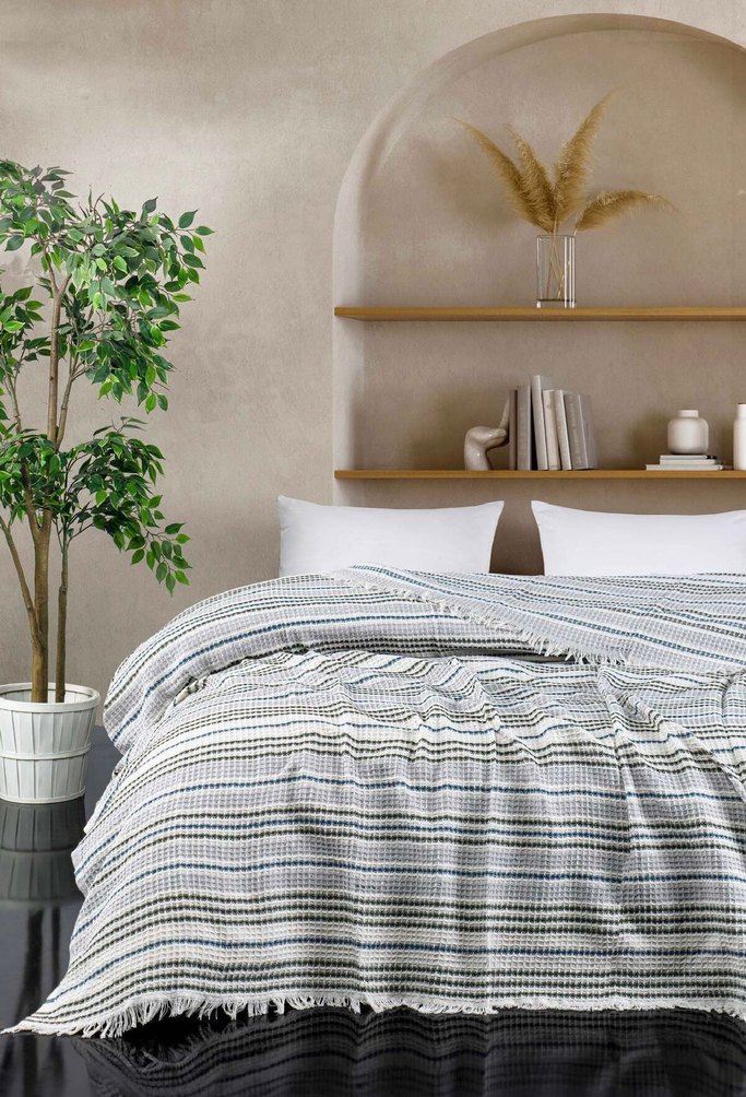 Mavi Gri Kareli Yatak Örtüsü - Görsel 4