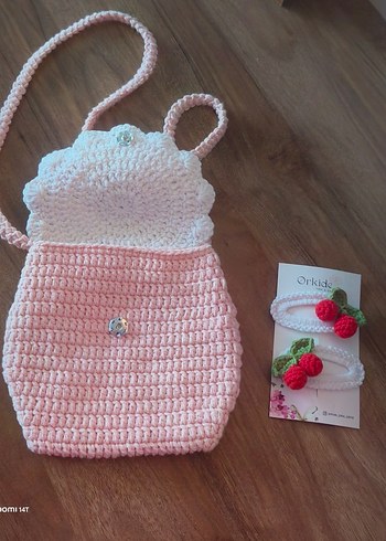 Pembe Örgü kiraz Nakışlı Kız Çantası - Görsel 2