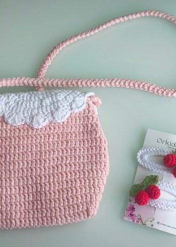 Pembe Örgü kiraz Nakışlı Kız Çantası - Görsel 4