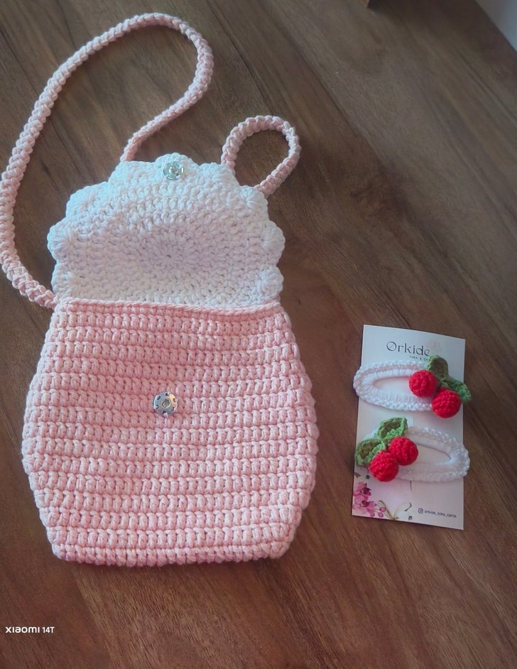 Pembe Örgü kiraz Nakışlı Kız Çantası - Görsel 2