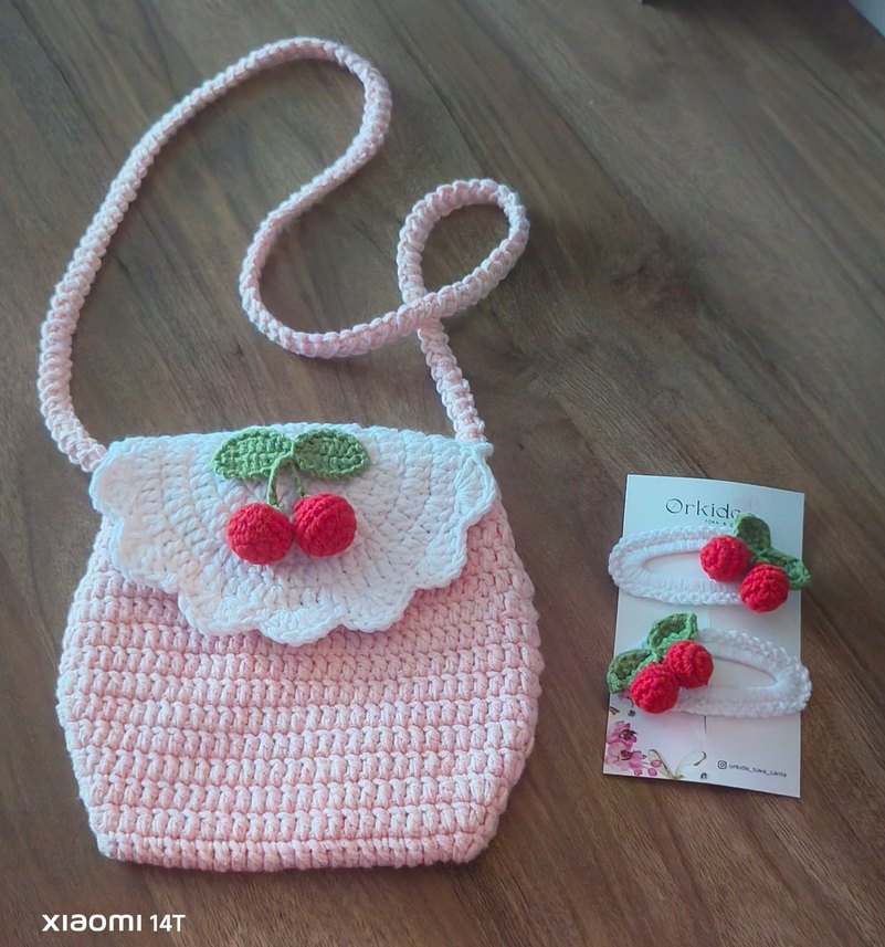 Pembe Örgü kiraz Nakışlı Kız Çantası - Görsel 3