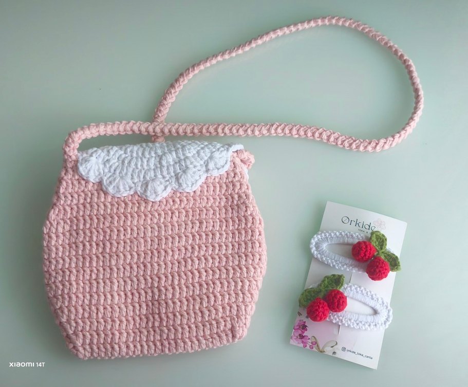 Pembe Örgü kiraz Nakışlı Kız Çantası - Görsel 4