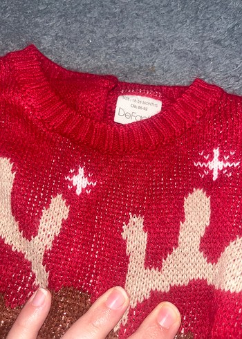 Çocuk Kırmızı Geyik Desenli Triko Kazak - Görsel 3