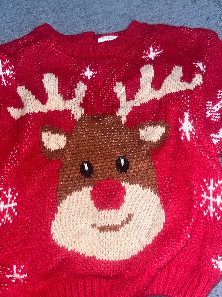Çocuk Kırmızı Geyik Desenli Triko Kazak - Görsel 2