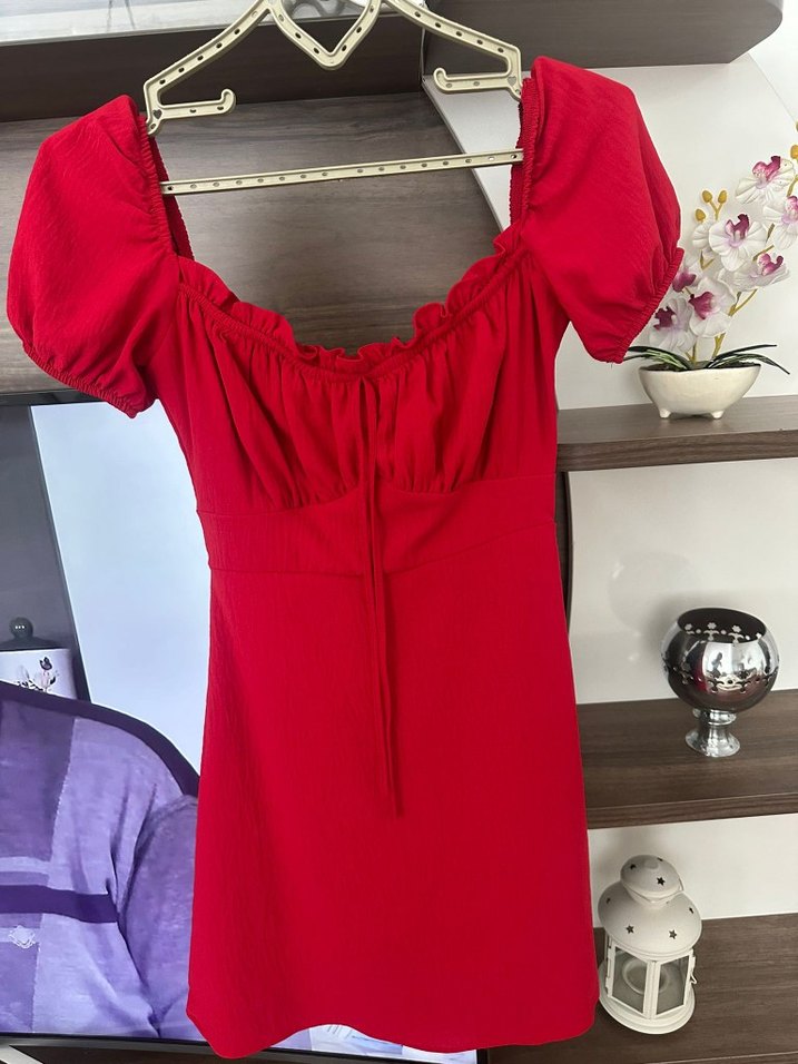 Kırmızı V Yaka Midi Elbise - Görsel 2