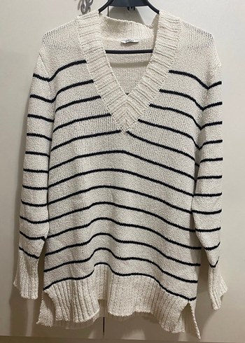 Addax v Yaka Beyaz Çizgili Triko Kadın Kazak - Görsel 2