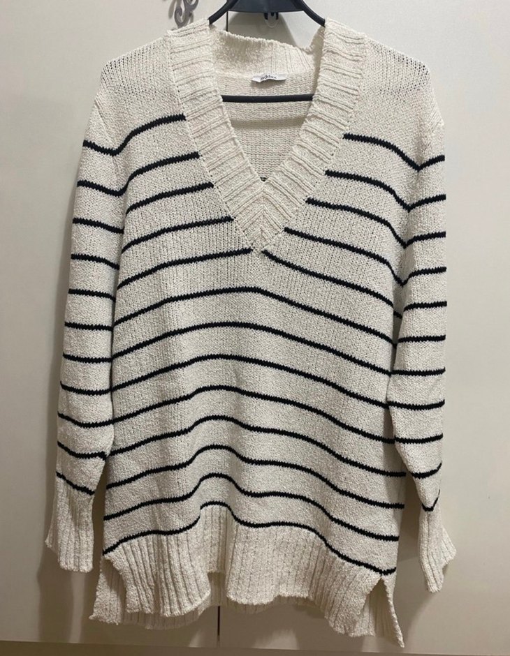 Addax v Yaka Beyaz Çizgili Triko Kadın Kazak - Görsel 2