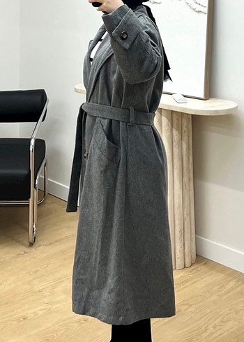 Gri Uzun Kemerli Kadın Kaban - Görsel 2