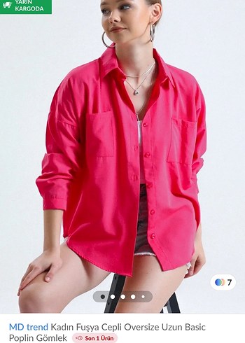 Kadın Fuşya Cepli Oversize Gömlek M L XL