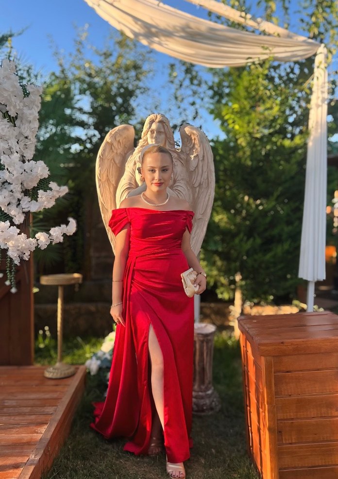 Kırmızı Drapeli Midi Abiye Elbise - Görsel 2