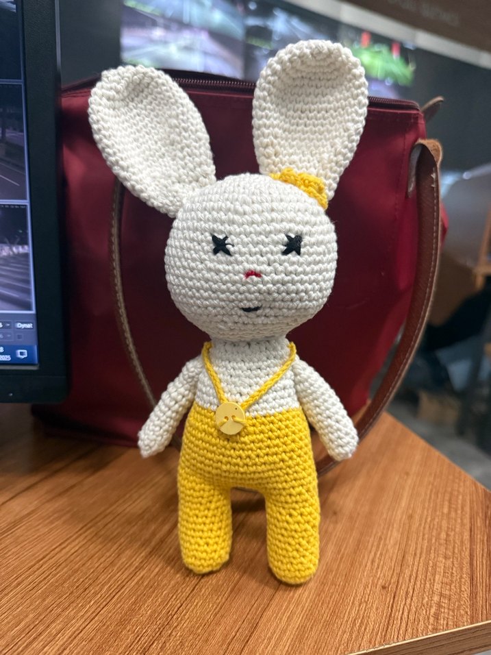 Sarı Tulumlu Örgü Tavşan Peluş Oyuncak - Görsel 4