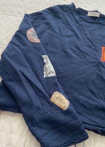 Kadın Lacivert Baskılı Denim Sweatshirt crop - Görsel 2