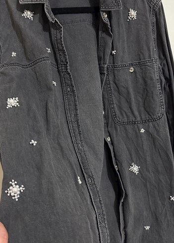 Kadın Gri Nakışlı Düğmeli Denim Ceket - Görsel 3