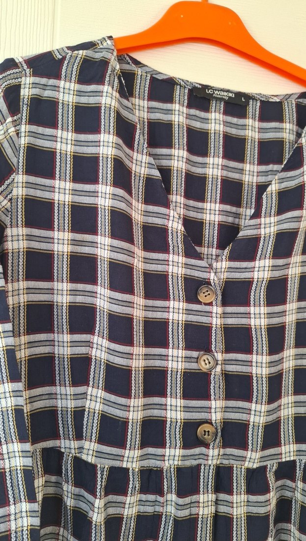 lcw Düğmeli Siyah Gri Ekose Uzun kollu elbise - Görsel 2