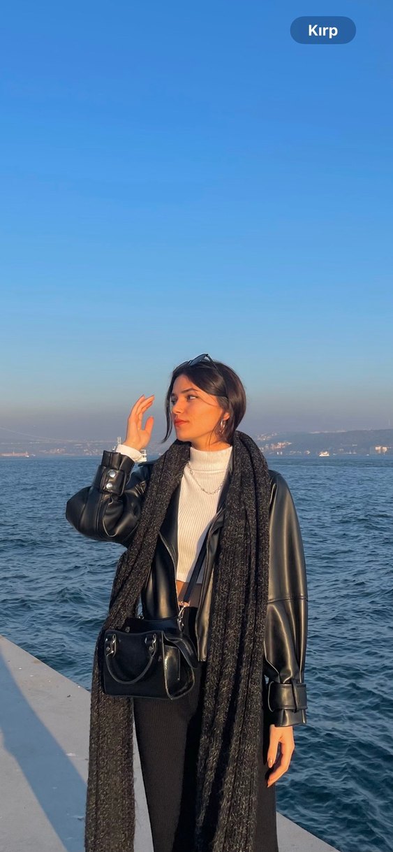 Kadın Siyah Deri Biker Ceket - Görsel 4