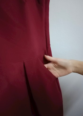 Bordo Midi V Yaka Kolsuz Elbise - Görsel 6