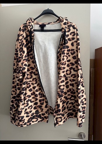 H&M Kahverengi Leopar Desenli Kapüşonlu Kadın hirka