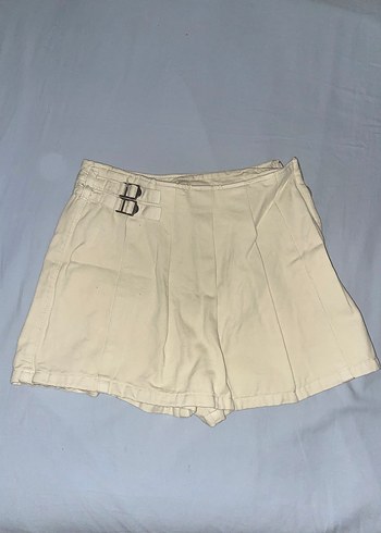 Bej Kemerli Keten Mini Şort Etek