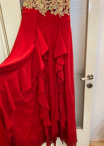 Kırmızı Uzun Kollu Drapeli Abiye Elbise - Görsel 6