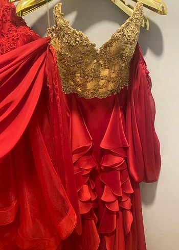 Kırmızı Uzun Kollu Drapeli Abiye Elbise - Görsel 2