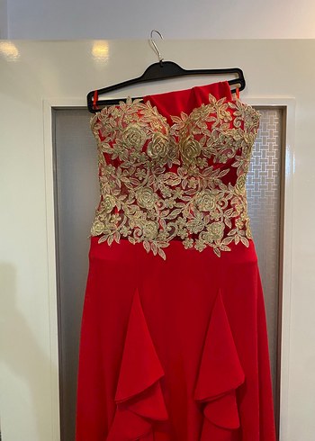 Kırmızı Uzun Kollu Drapeli Abiye Elbise - Görsel 4