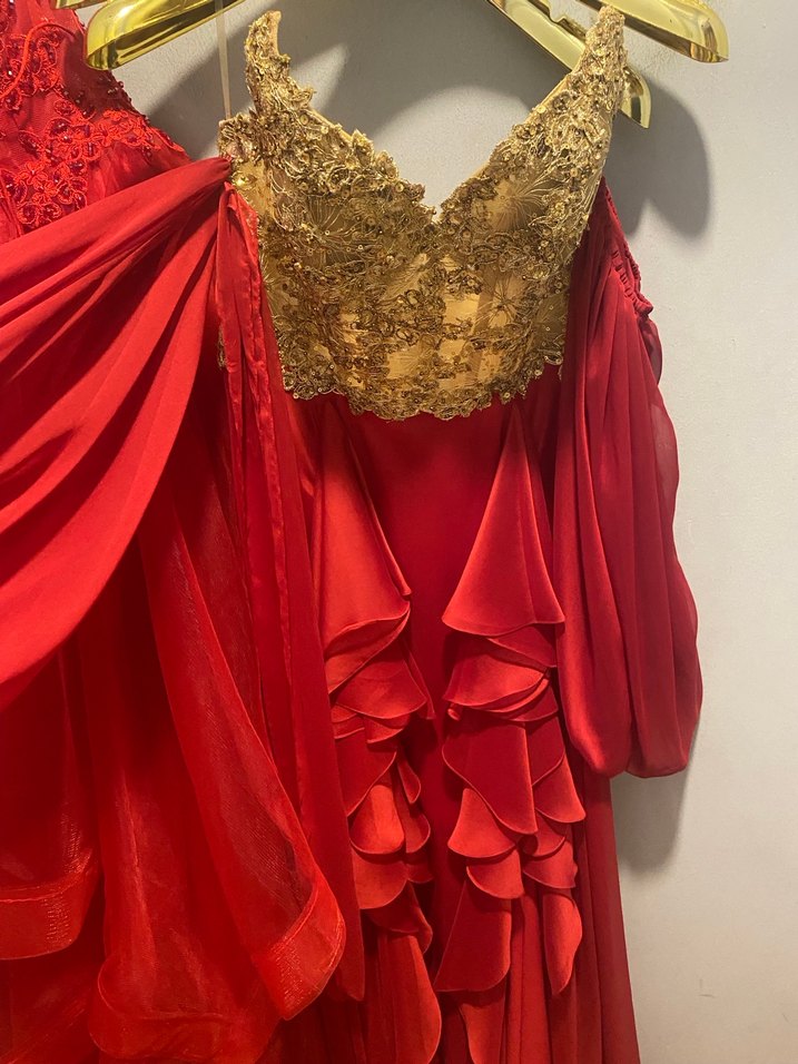 Kırmızı Uzun Kollu Drapeli Abiye Elbise - Görsel 2