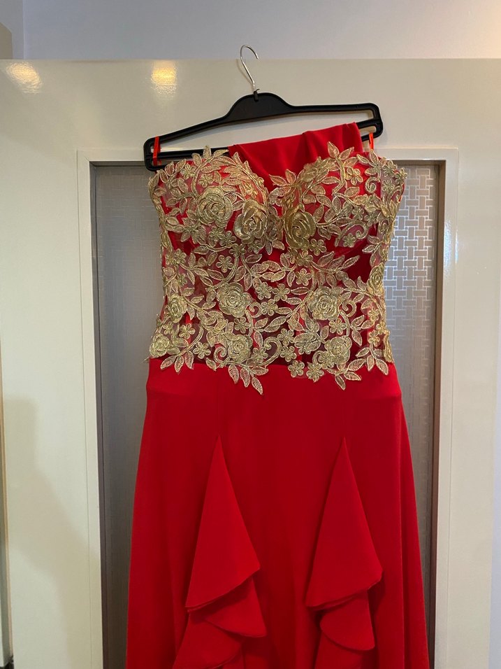 Kırmızı Uzun Kollu Drapeli Abiye Elbise - Görsel 4