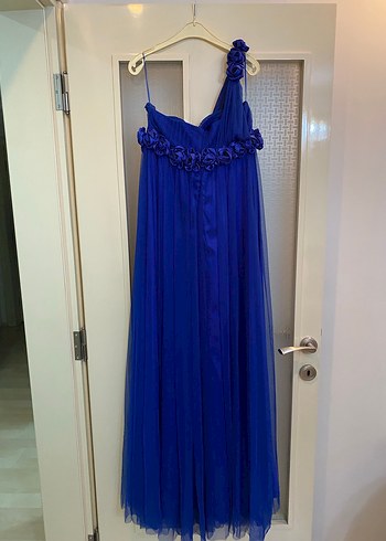 Mavi Uzun Drapeli Tek Omuz Abiye Elbise - Görsel 3