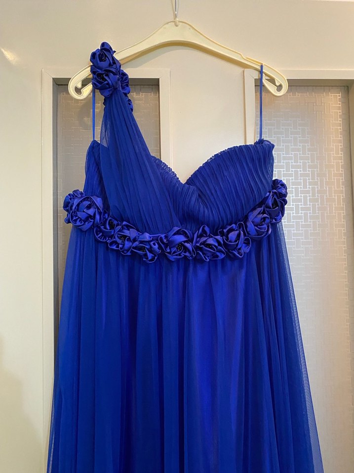 Mavi Uzun Drapeli Tek Omuz Abiye Elbise - Görsel 2