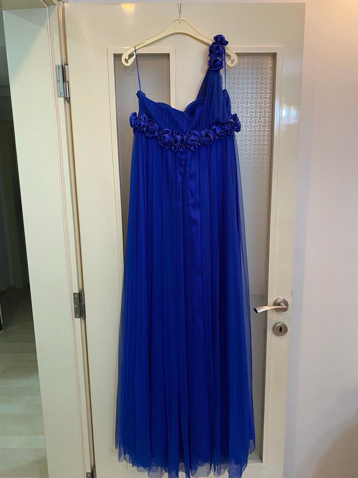 Mavi Uzun Drapeli Tek Omuz Abiye Elbise - Görsel 3