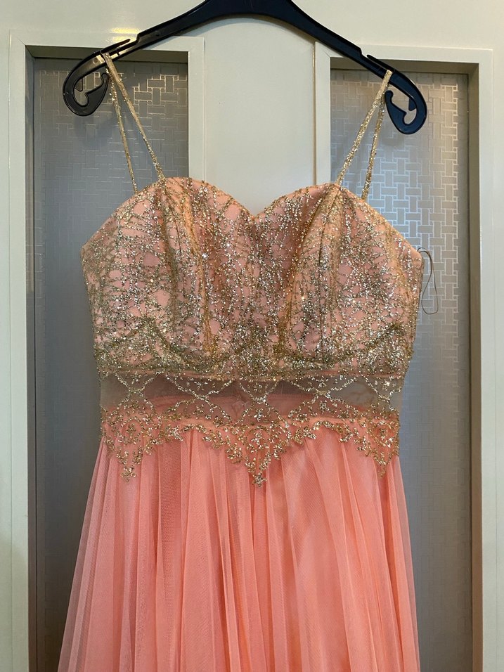 Somon Rengi Nakışlı Uzun Straplez Abiye Elbise - Görsel 2