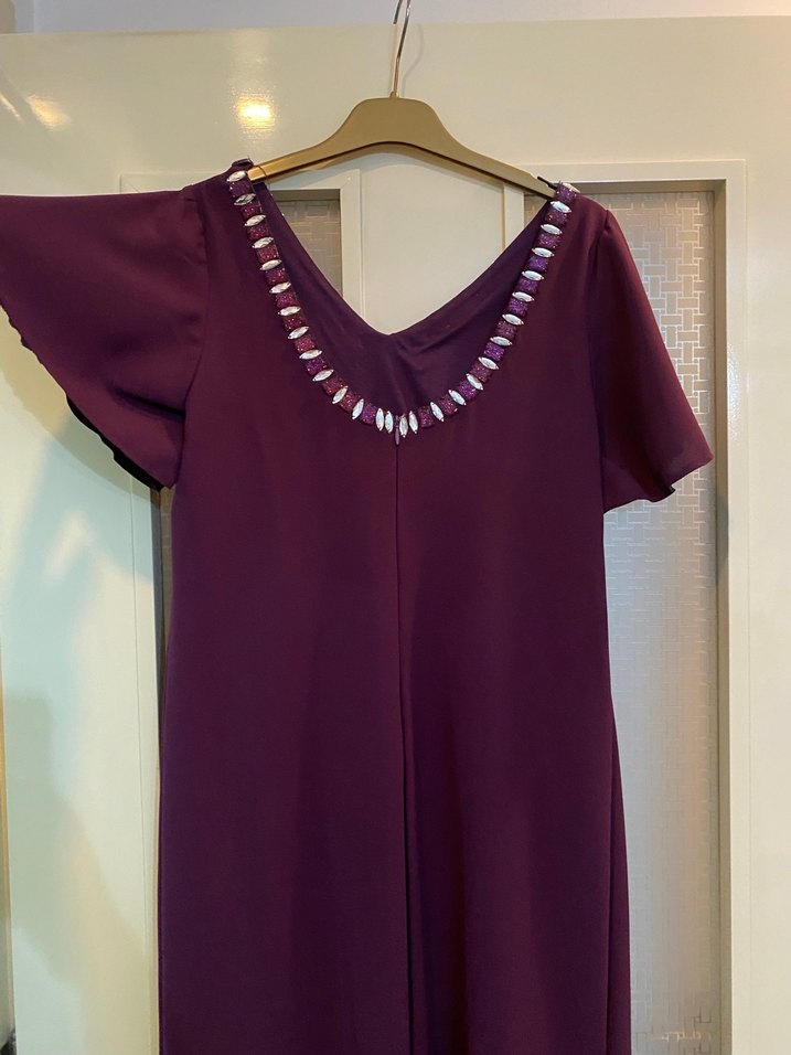 Bordo V Yakalı Uzun Abiye Elbise Kuyruklu - Görsel 3