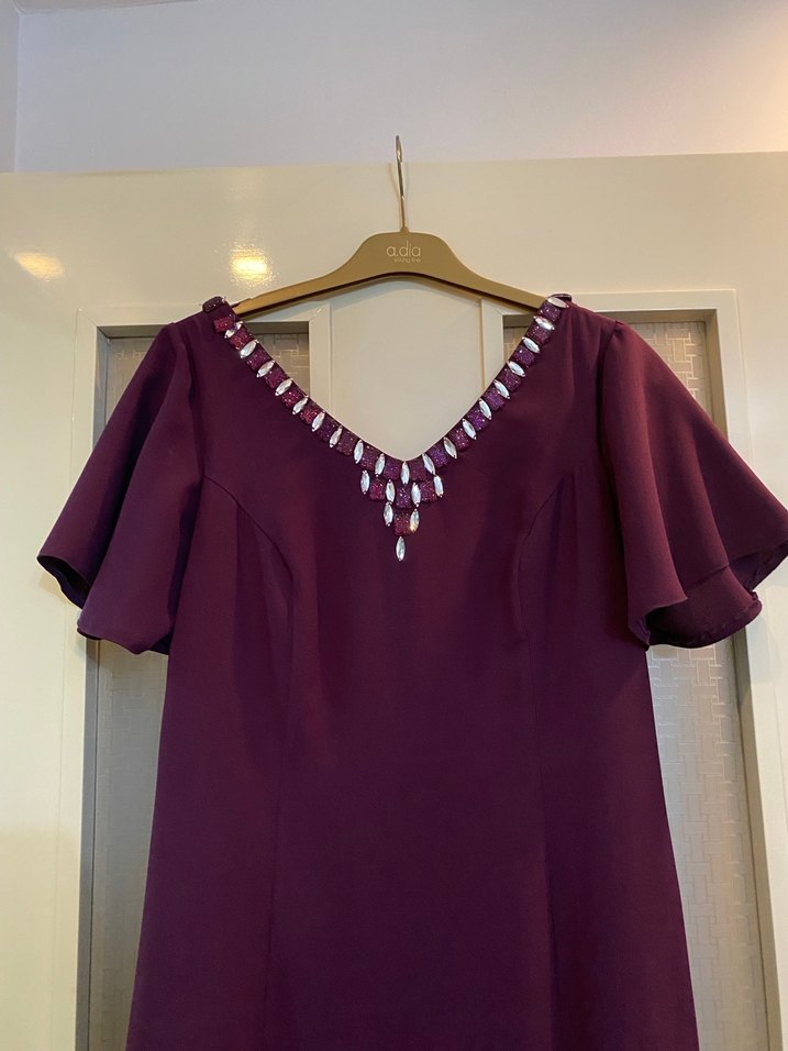 Bordo V Yakalı Uzun Abiye Elbise Kuyruklu - Görsel 2