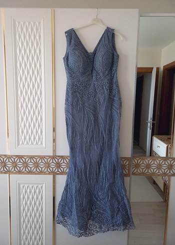 Nakışlı V Yaka Uzun Lacivert Elbise - Görsel 2