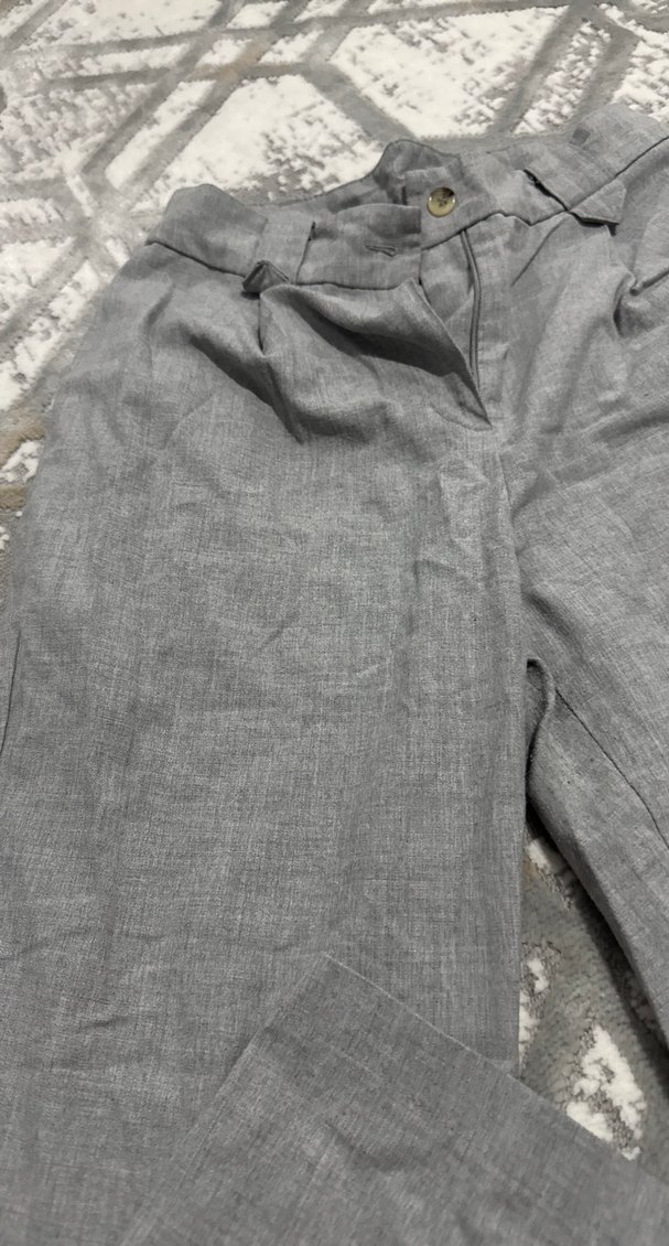 Gri Keten Düğmeli Rahat Kesim Kadın Pantolon - Görsel 2