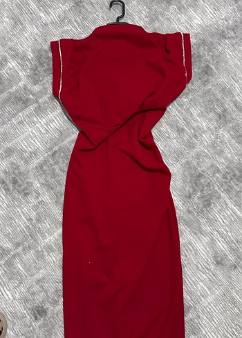 Kırmızı V Yakalı Midi Drapeli Kadın Elbise - Görsel 3