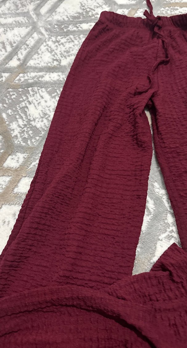 Bordo Bol Kesim Keten Kadın Pantolon - Görsel 2