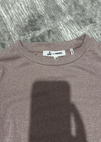 Bayan simli pembe Kollu Triko Tişört - Görsel 2