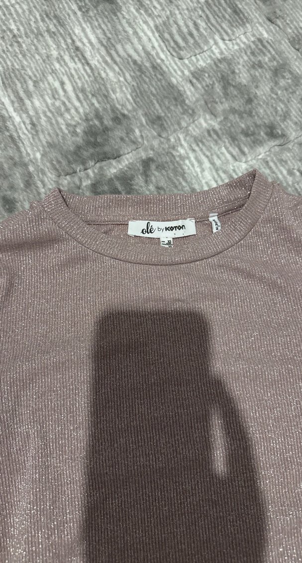 Bayan simli pembe Kollu Triko Tişört - Görsel 2