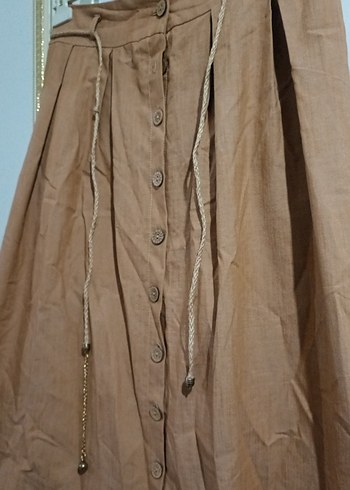 Bej Uzun Düğmeli Keten Etek - Görsel 2