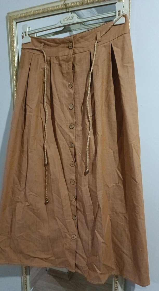 Bej Uzun Düğmeli Keten Etek - Görsel 3