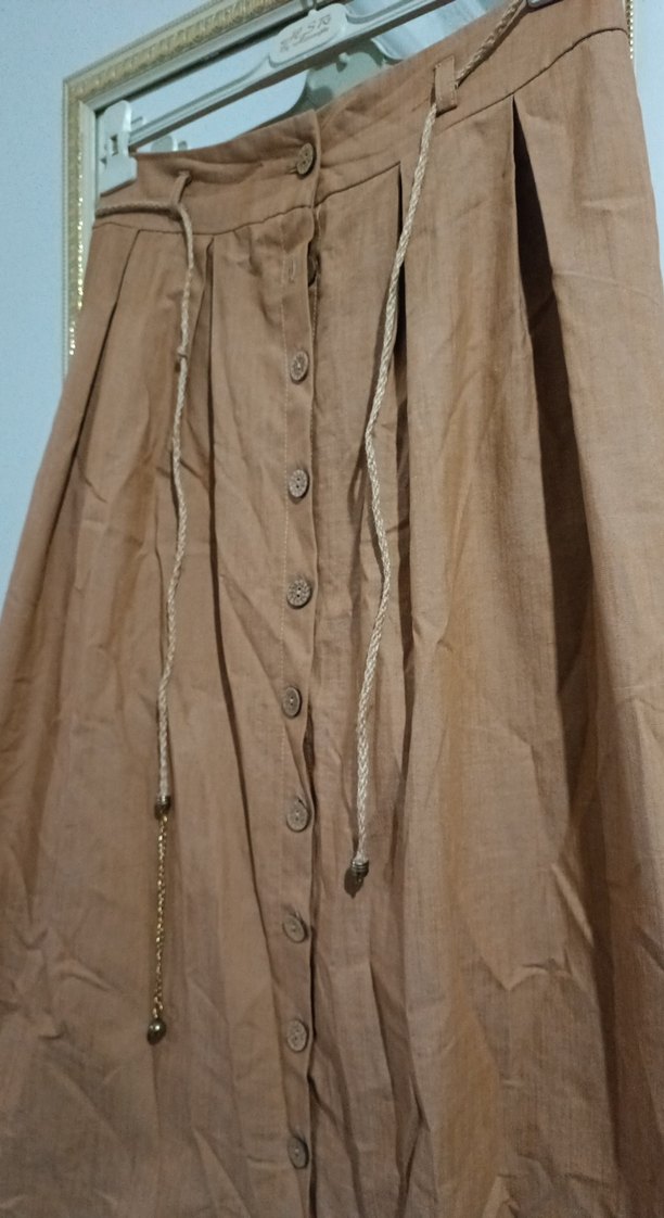 Bej Uzun Düğmeli Keten Etek - Görsel 2