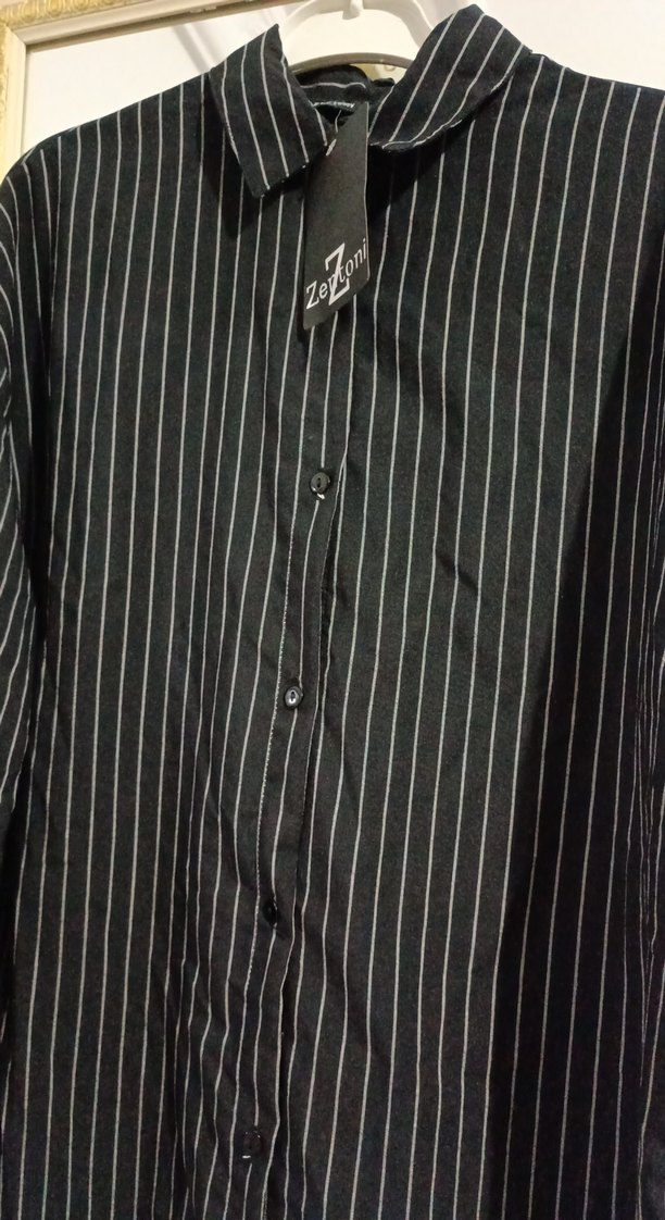 Düğmeli Siyah Çizgili Uzun Kollu Kadın Gömlek - Görsel 2